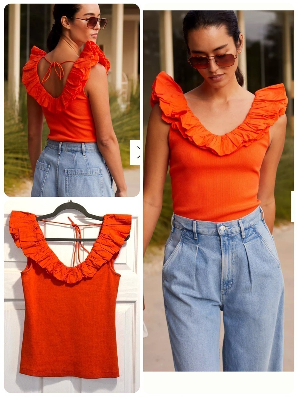 Anthropologie Maeve Ruffled V-Neck Top Orange Sleeveless Tank Size Small